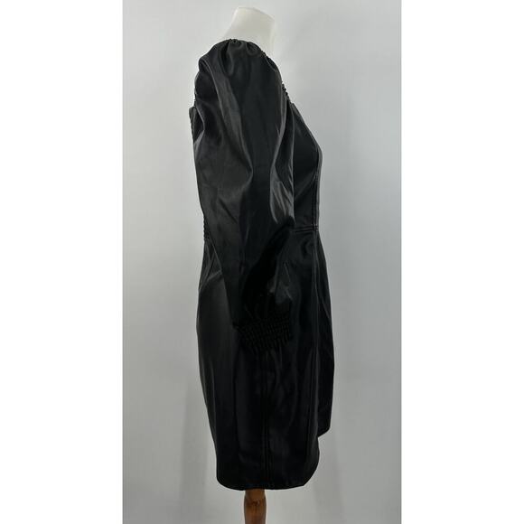 7 For All Mankind Black Faux Leather Puff Sleeve Smocked Mini Dress Sz M NWT - Picture 4 of 7